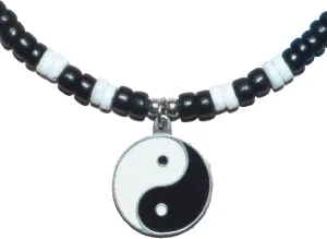 Native Treasure Mens and Womens Yin Yang Pewter Enamel Pendant, Black Coconut Beads, White Ark Shells, Summer Beach Necklace From the Philippines