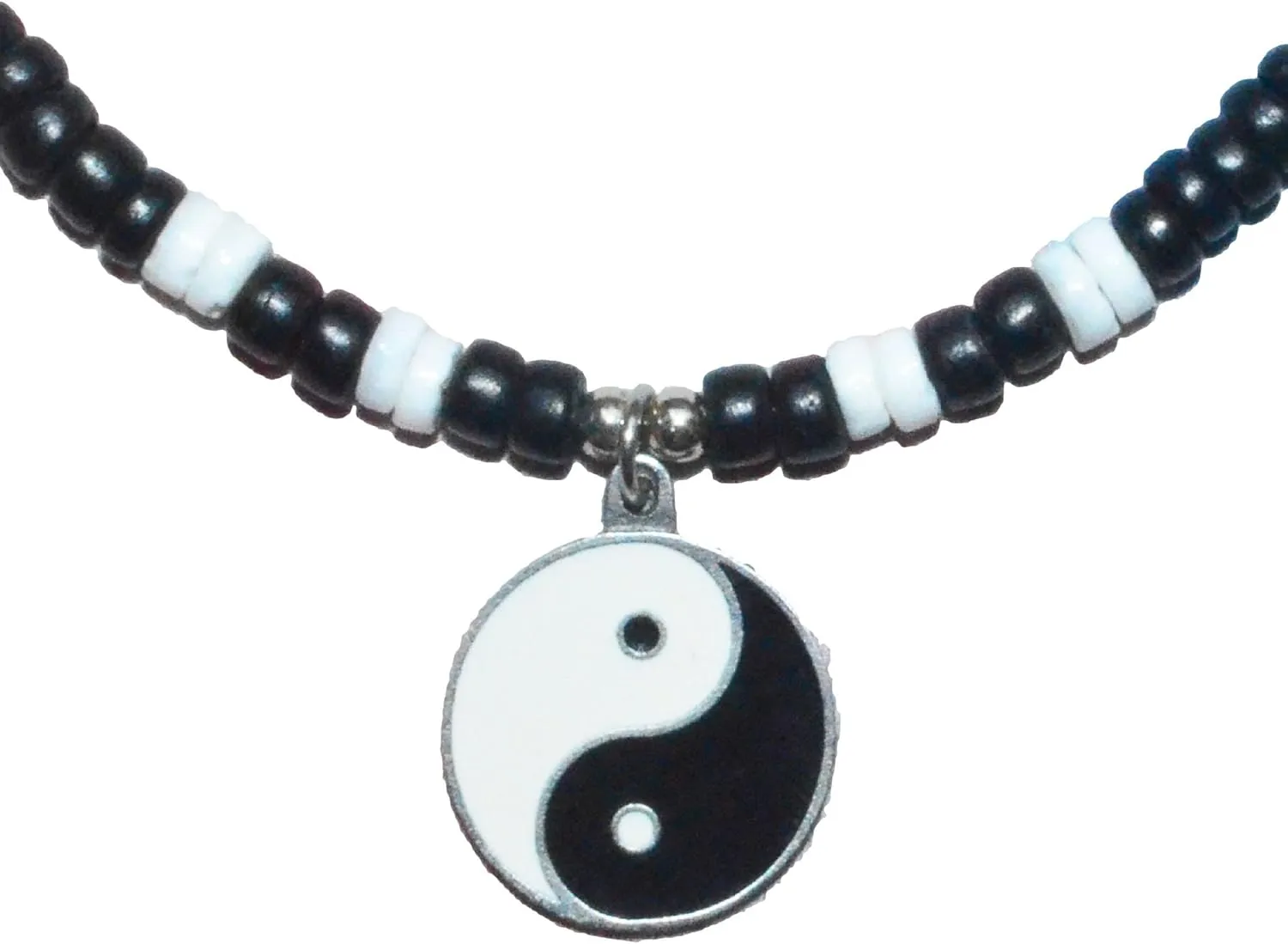 Native Treasure Mens and Womens Yin Yang Pewter Enamel Pendant, Black Coconut Beads, White Ark Shells, Summer Beach Necklace From the Philippines