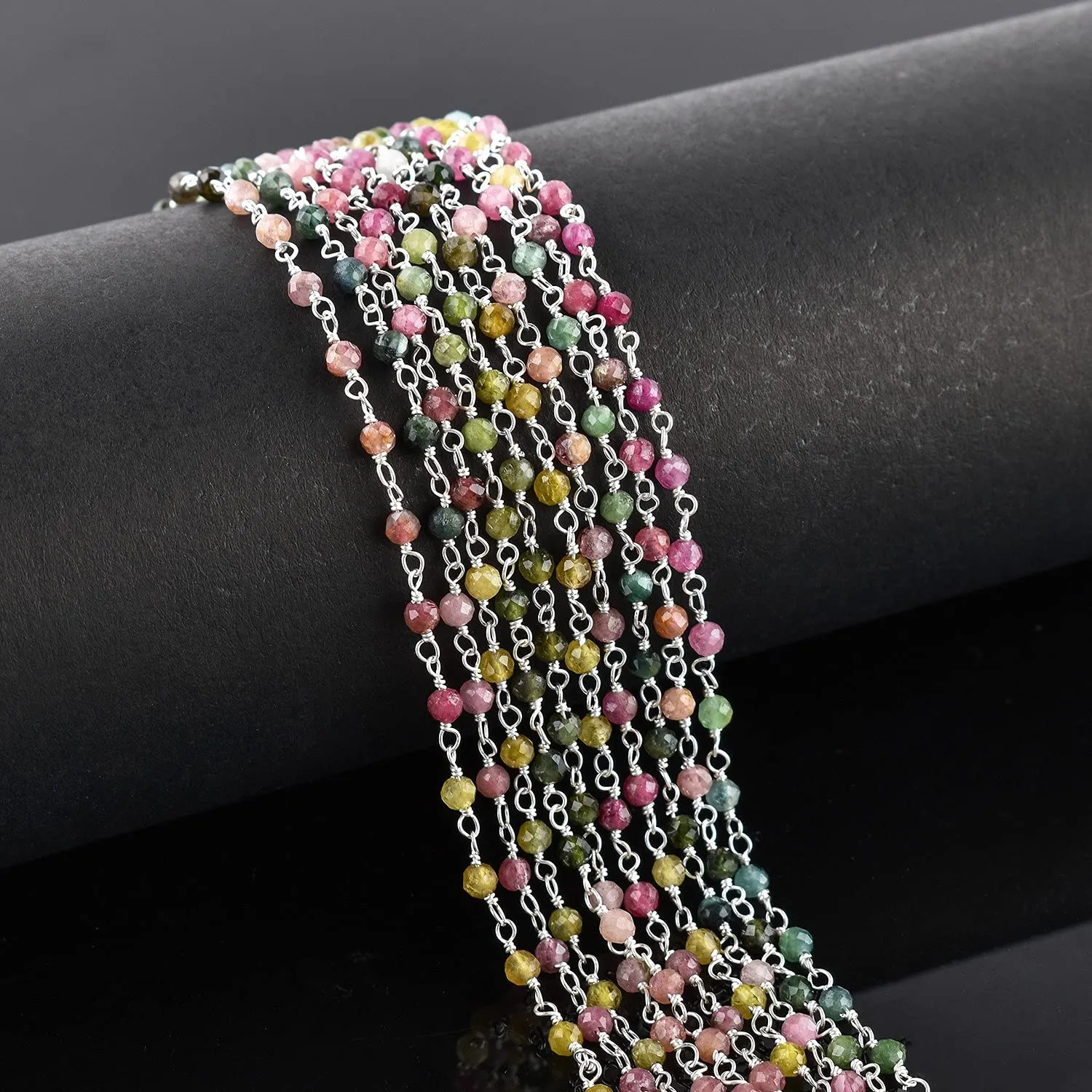Natural Multi Tourmaline Gemstone Handmade Beaded Stone Rosary Chains with 3mm Beads Jewelry Making DIY Accessories 925 Sterling Silver Rosary Chain Hand Craft (1 Feet)