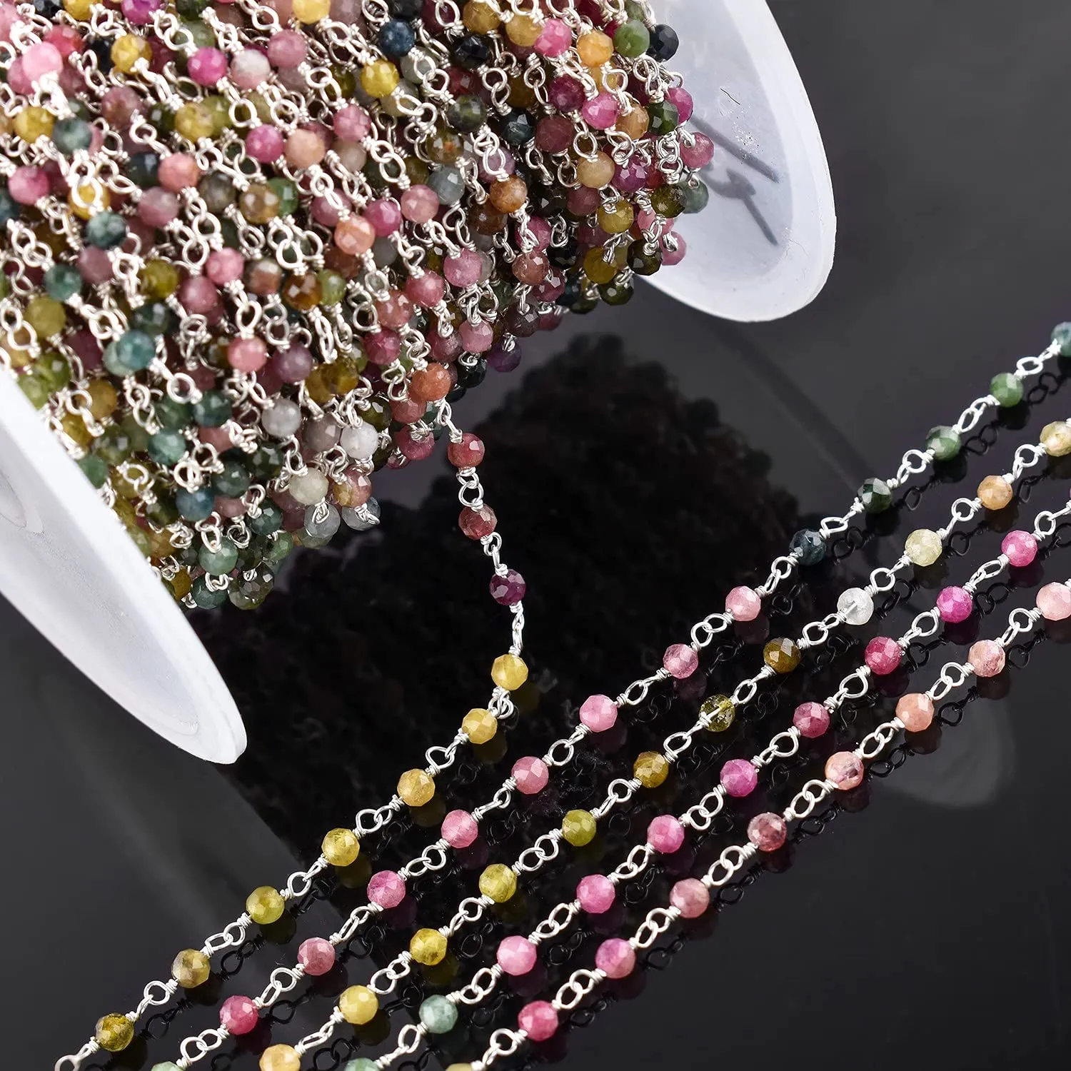 Natural Multi Tourmaline Gemstone Handmade Beaded Stone Rosary Chains with 3mm Beads Jewelry Making DIY Accessories 925 Sterling Silver Rosary Chain Hand Craft (1 Feet)