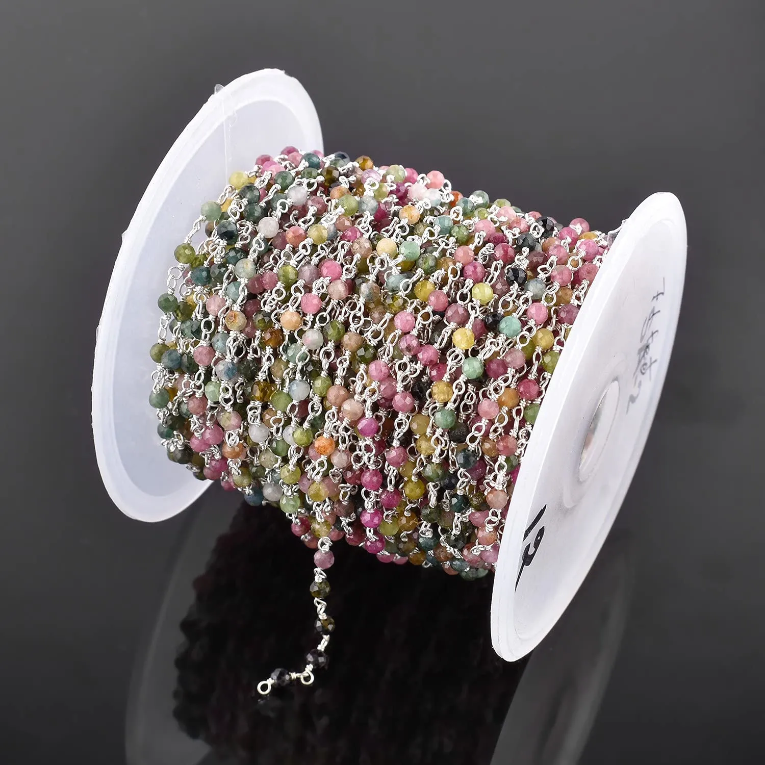 Natural Multi Tourmaline Gemstone Handmade Beaded Stone Rosary Chains with 3mm Beads Jewelry Making DIY Accessories 925 Sterling Silver Rosary Chain Hand Craft (1 Feet)