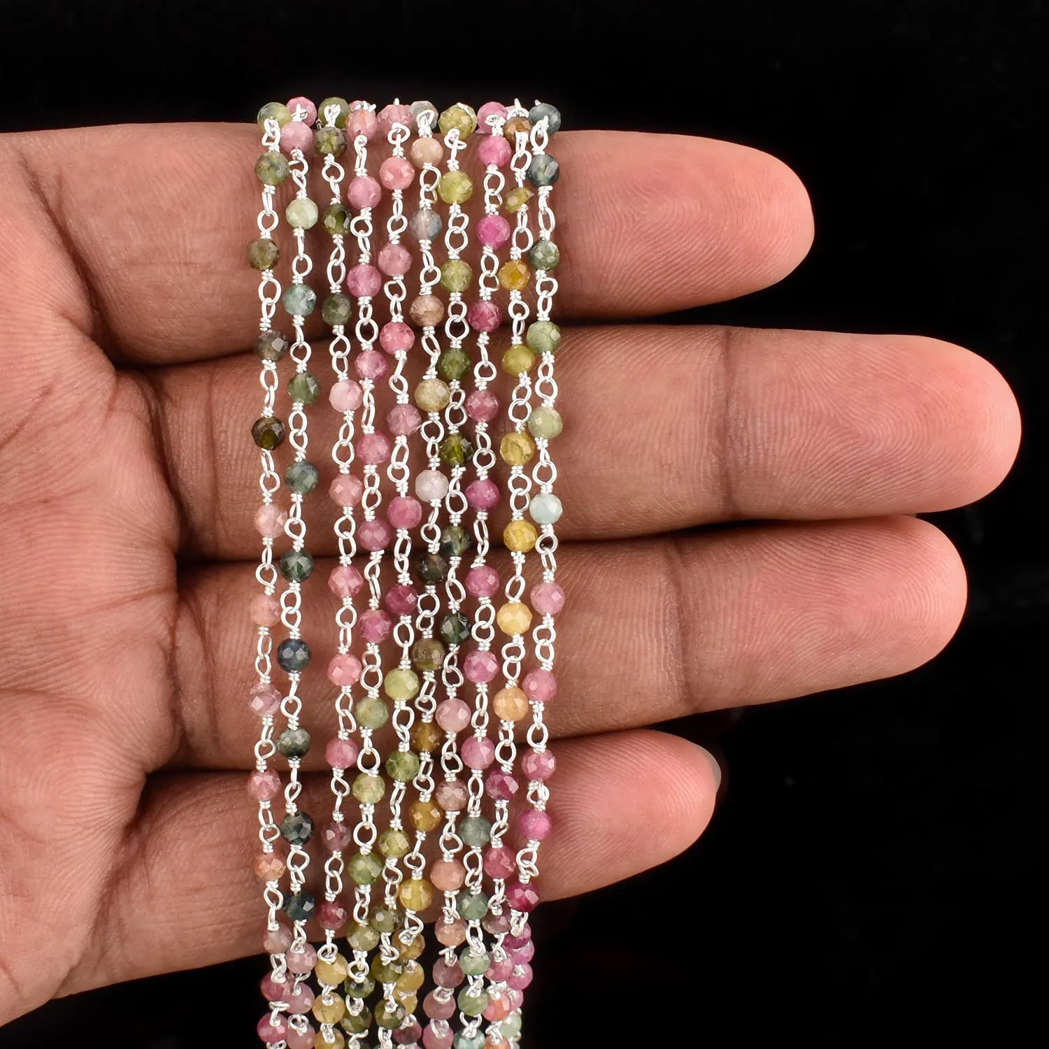 Natural Multi Tourmaline Gemstone Handmade Beaded Stone Rosary Chains with 3mm Beads Jewelry Making DIY Accessories 925 Sterling Silver Rosary Chain Hand Craft (1 Feet)