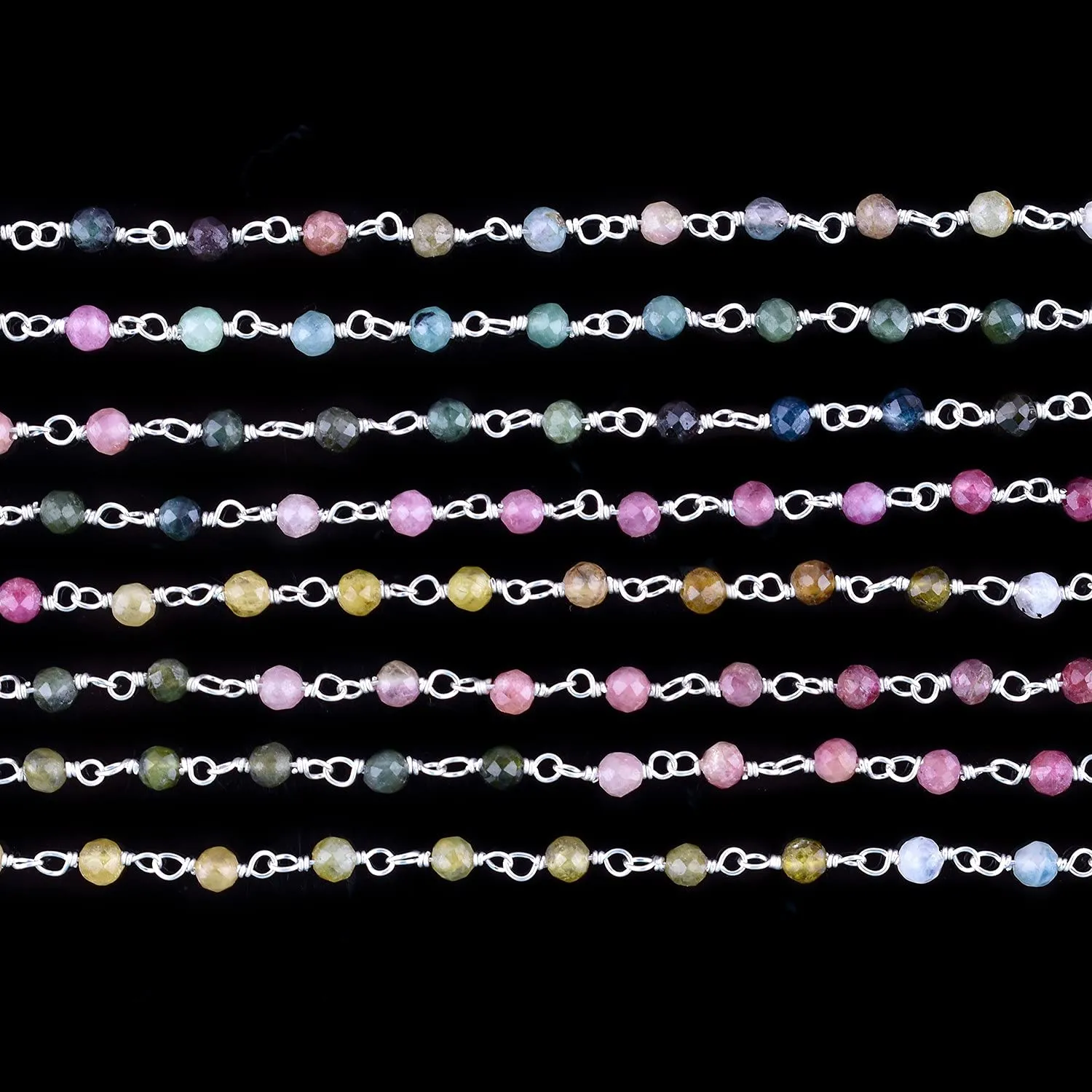 Natural Multi Tourmaline Gemstone Handmade Beaded Stone Rosary Chains with 3mm Beads Jewelry Making DIY Accessories 925 Sterling Silver Rosary Chain Hand Craft (1 Feet)