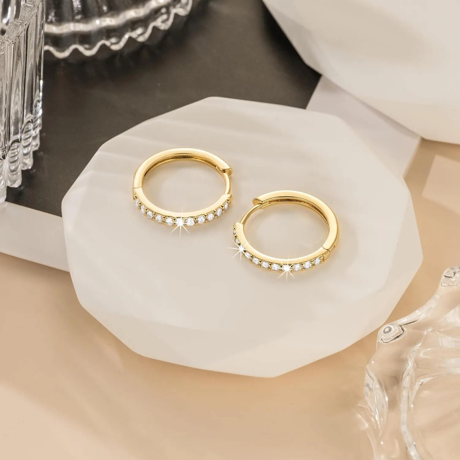 NEARLAND 14K Gold Hoop Earrings for Women 14K Gold Earrings Hypoallergenic Lightweight Small Hoop Earring for Womens with Round Cubic Zirconia Huggie Hoops Earring for Women 12/14/16/20/25/30mm