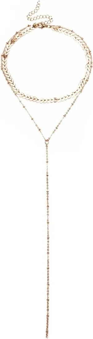 Necklace for Women 2 Layer, Layered Necklaces for Women Adjustable Gold Plated Leave Chain Y Necklace