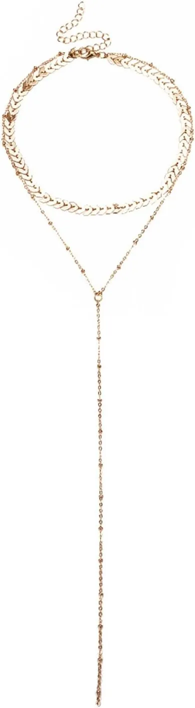 Necklace for Women 2 Layer, Layered Necklaces for Women Adjustable Gold Plated Leave Chain Y Necklace