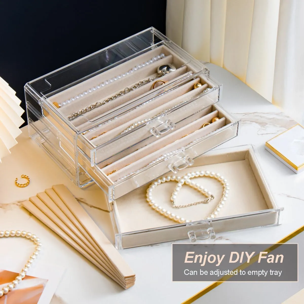 Necklace Holder Organizer, Dustproof Necklace Box Velvet Necklace Organizer Box with Lid Clear Acrylic Dustproof Stackable Jewelry Displays for Necklaces Chain Display (Beige, 3 Drawer)