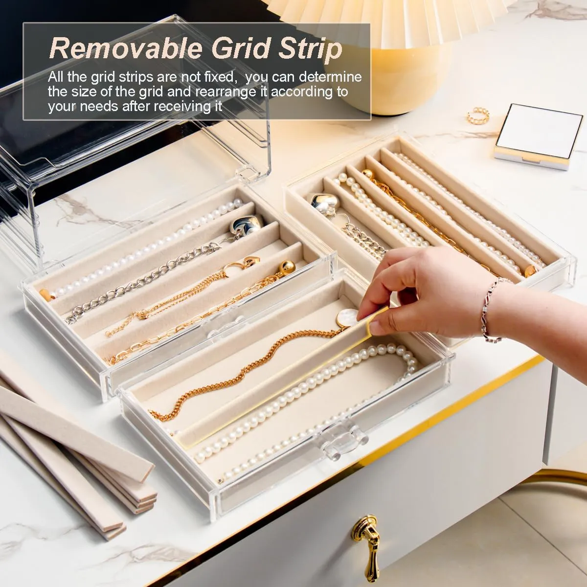 Necklace Holder Organizer, Dustproof Necklace Box Velvet Necklace Organizer Box with Lid Clear Acrylic Dustproof Stackable Jewelry Displays for Necklaces Chain Display (Beige, 3 Drawer)