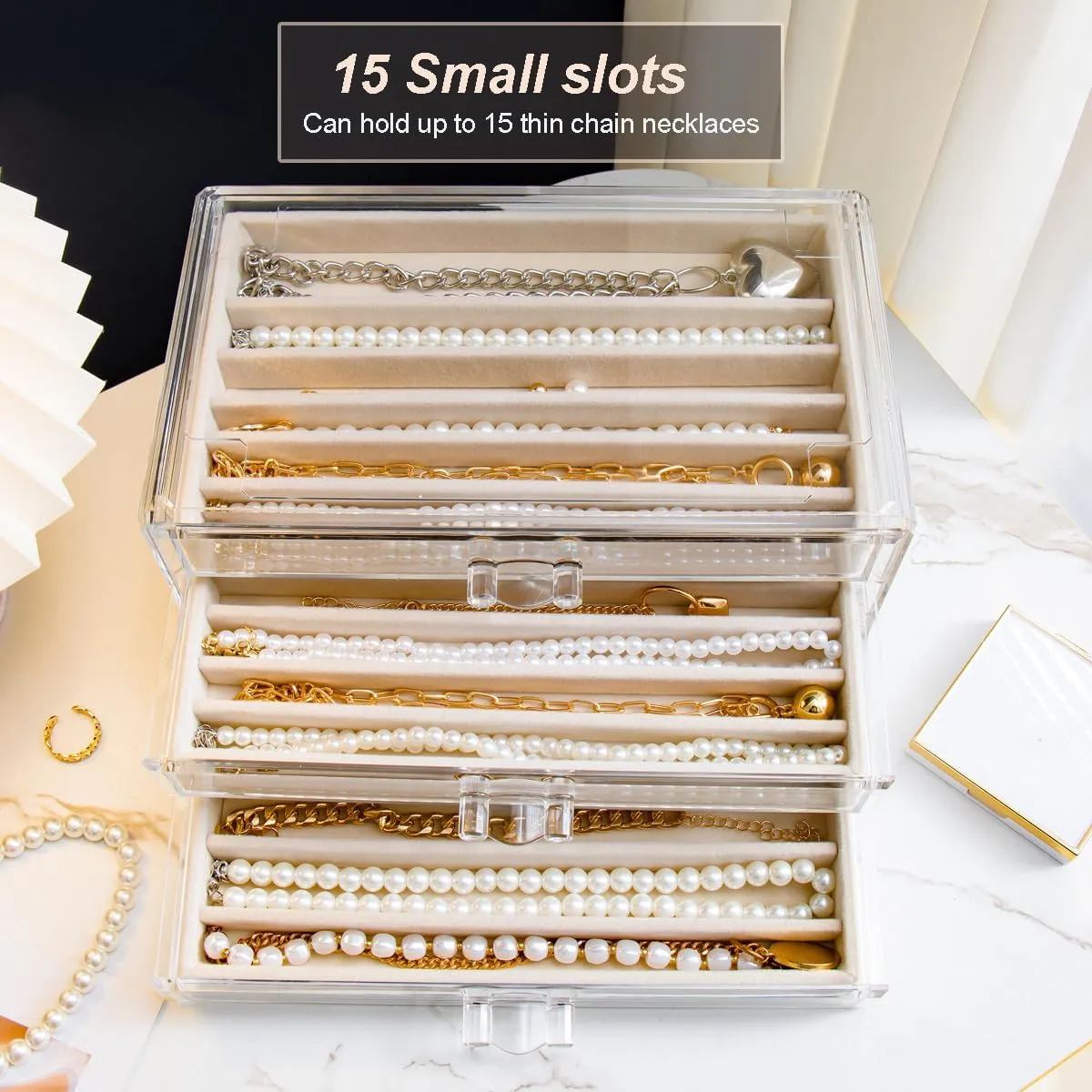 Necklace Holder Organizer, Dustproof Necklace Box Velvet Necklace Organizer Box with Lid Clear Acrylic Dustproof Stackable Jewelry Displays for Necklaces Chain Display (Beige, 3 Drawer)