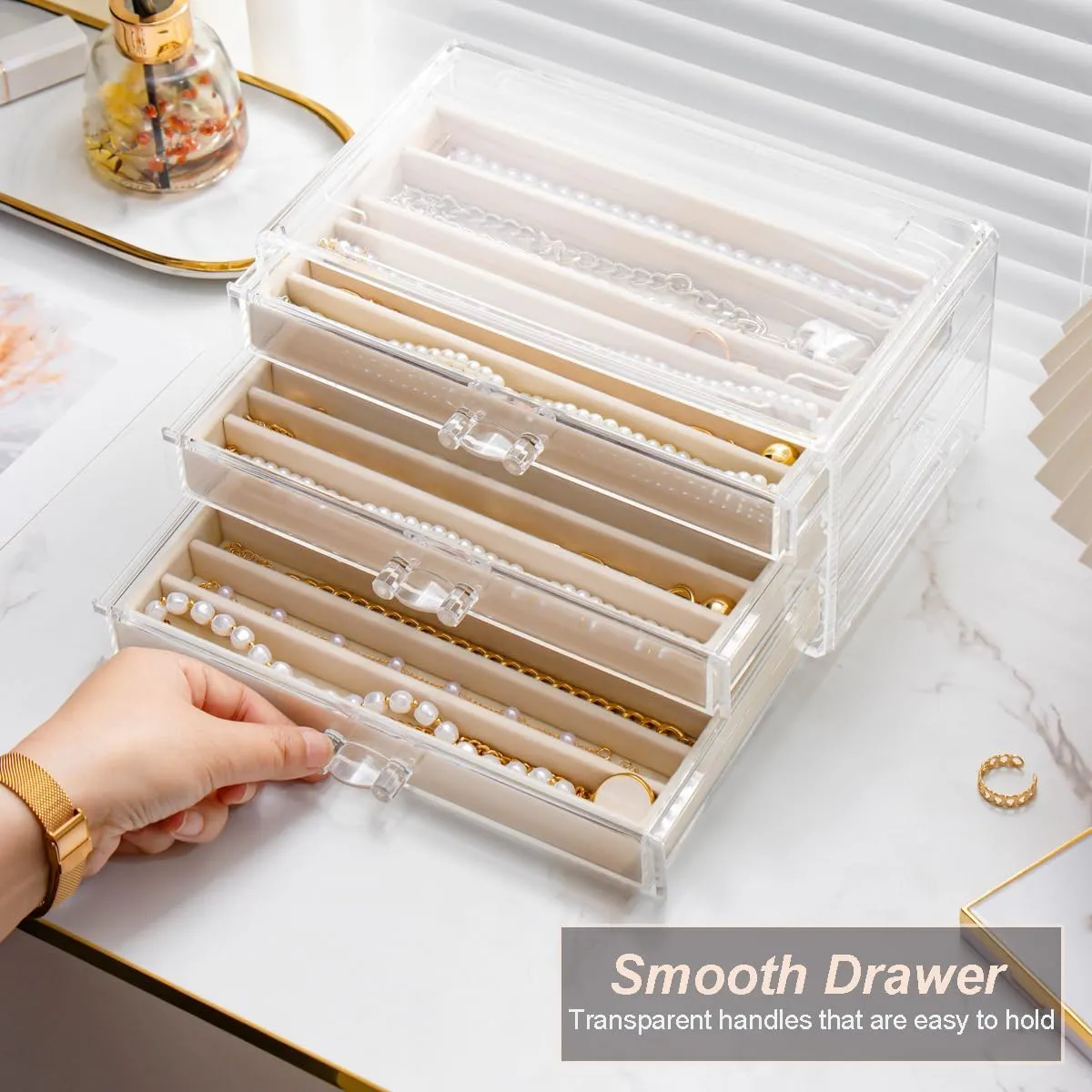 Necklace Holder Organizer, Dustproof Necklace Box Velvet Necklace Organizer Box with Lid Clear Acrylic Dustproof Stackable Jewelry Displays for Necklaces Chain Display (Beige, 3 Drawer)