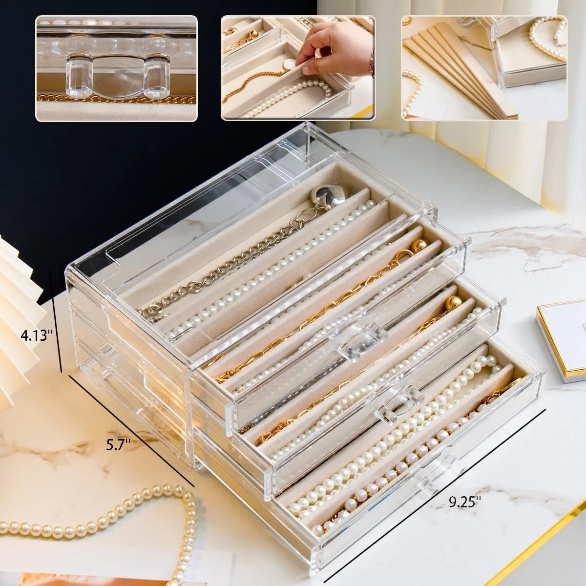 Necklace Holder Organizer, Dustproof Necklace Box Velvet Necklace Organizer Box with Lid Clear Acrylic Dustproof Stackable Jewelry Displays for Necklaces Chain Display (Beige, 3 Drawer)