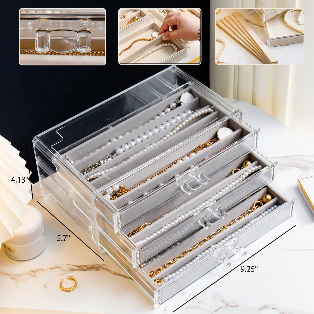 Necklace Holder Organizer, Dustproof Necklace Box Velvet Necklace Organizer Box with Lid Clear Acrylic Dustproof Stackable Jewelry Displays for Necklaces Chain Display (Gray, 3 Drawer)
