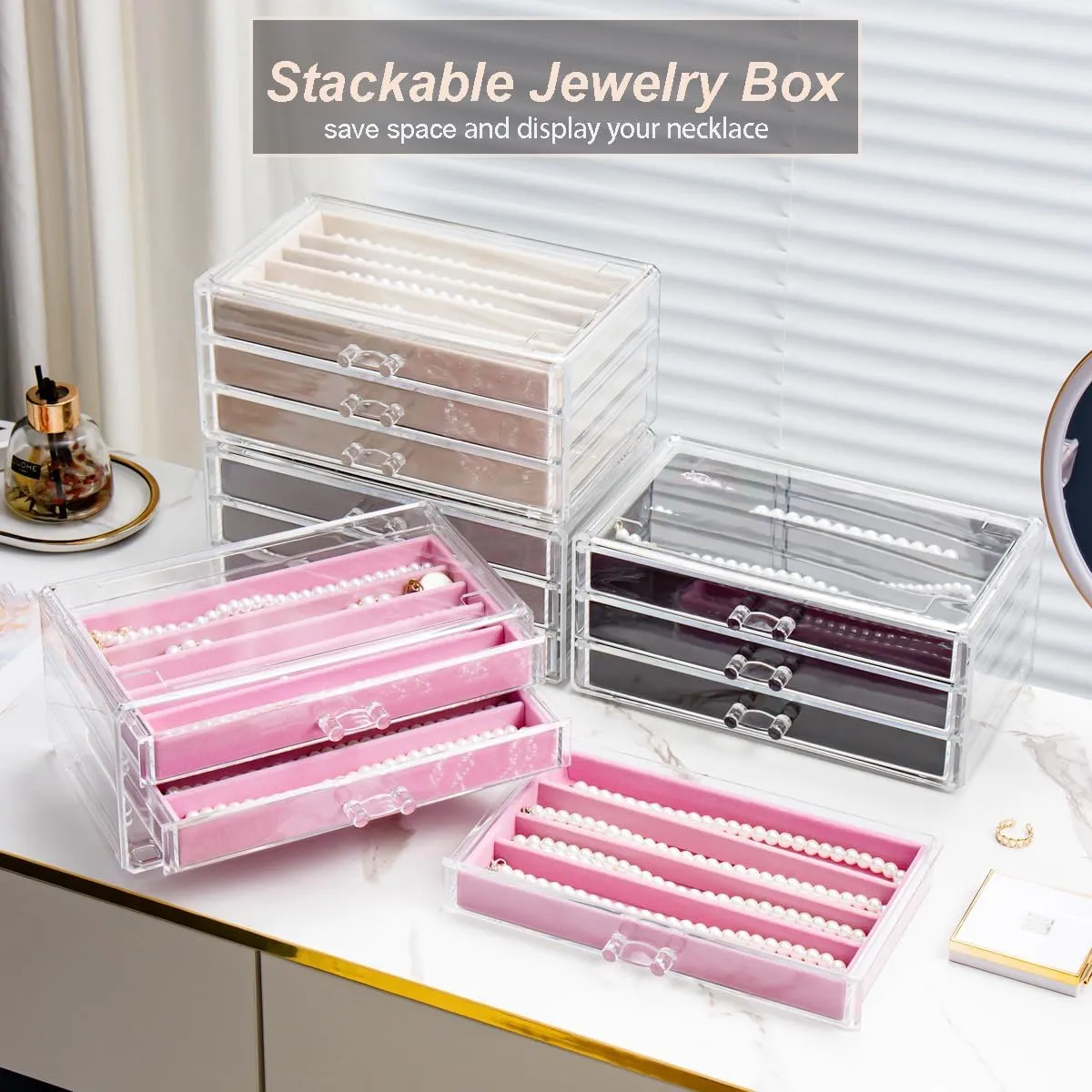 Necklace Holder Organizer, Dustproof Necklace Box Velvet Necklace Organizer Box with Lid Clear Acrylic Dustproof Stackable Jewelry Displays for Necklaces Chain Display (Gray, 3 Drawer)
