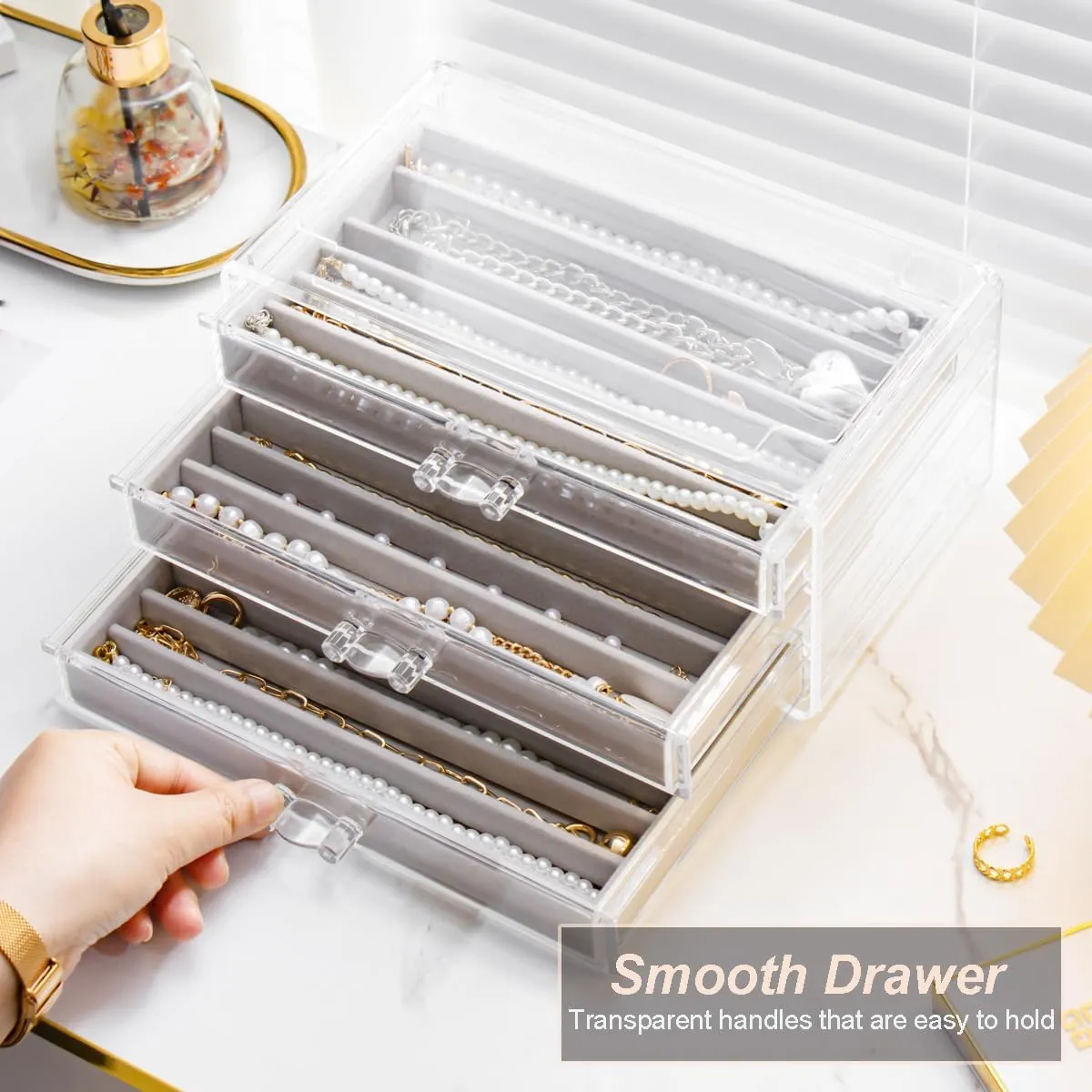 Necklace Holder Organizer, Dustproof Necklace Box Velvet Necklace Organizer Box with Lid Clear Acrylic Dustproof Stackable Jewelry Displays for Necklaces Chain Display (Gray, 3 Drawer)