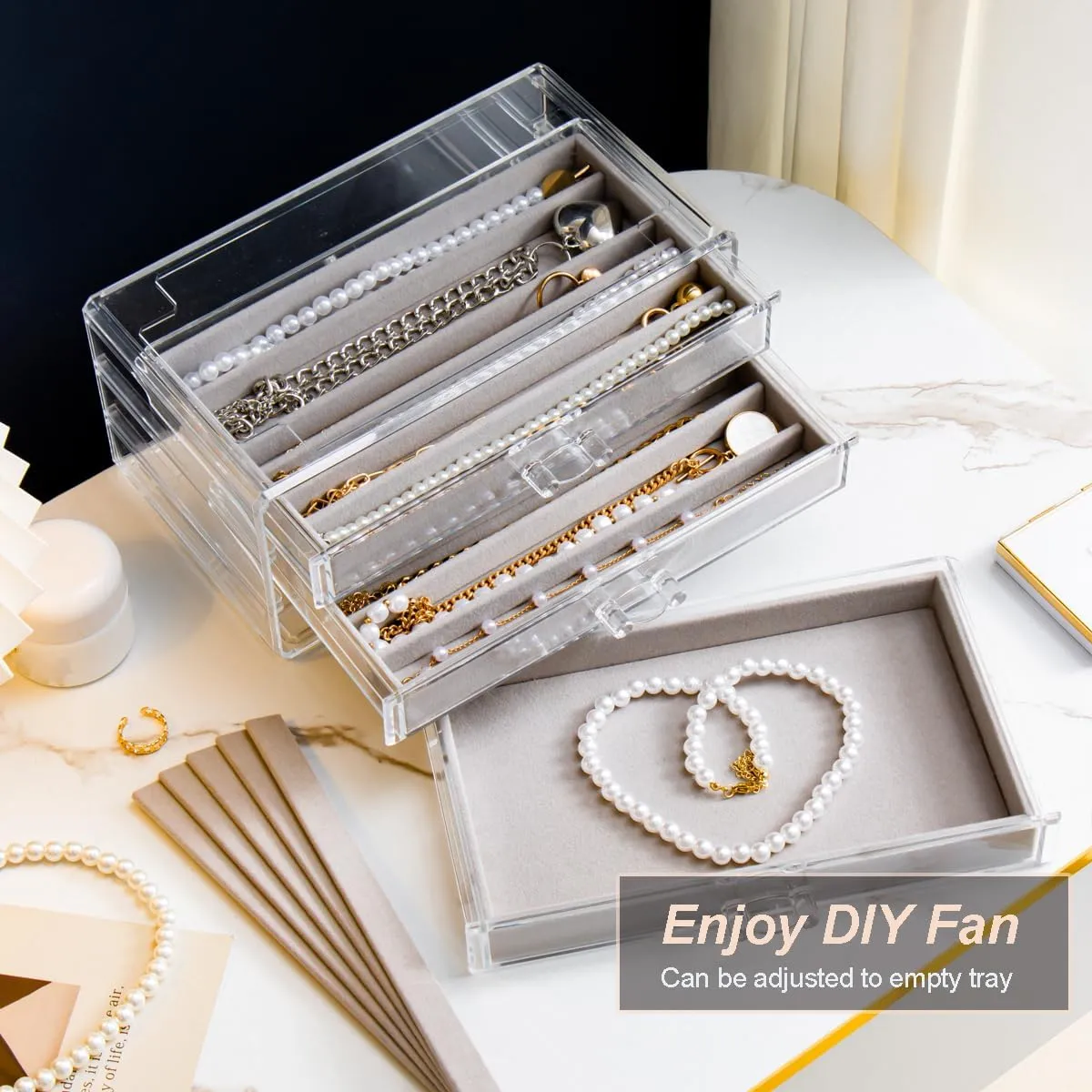 Necklace Holder Organizer, Dustproof Necklace Box Velvet Necklace Organizer Box with Lid Clear Acrylic Dustproof Stackable Jewelry Displays for Necklaces Chain Display (Gray, 3 Drawer)