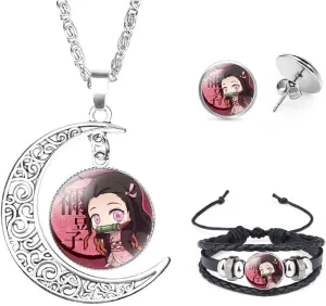 Nezuko Kamado Anime Jewelry Set Glass Dome Crescent Moon Pendant Charm Necklace, Earrings, Bracelet Jewelry Set Gifts for Women Girls