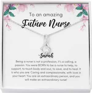Nurse Necklace 14k White Gold Finish Alluring Standard - to an Amazing Future Nurse - Custom Name Graduation for Registered Nurse Workers RN CRNA
