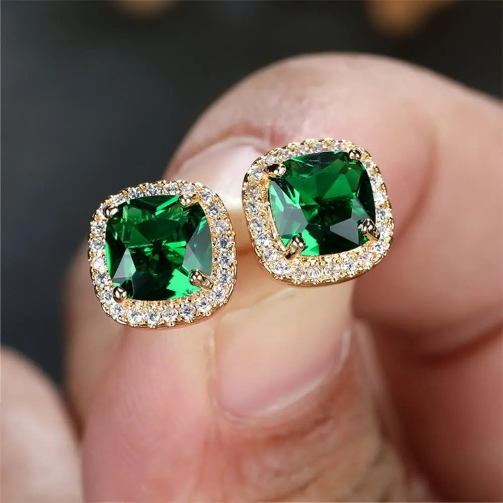 ODETOJOY 1 Pair Simulated Emerald Earrings 18K Yellow Gold Plated Square Cubic Zirconia Simulated Diamond Halo Stud Earrings for Women with Gift Box with Gift Box