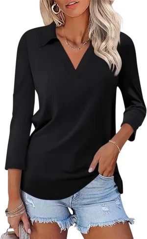 ORANDESIGNE Women's 3/4 Sleeves V Neck Polo Shirts Casual Summer Tops Basic Collar Cute Tees