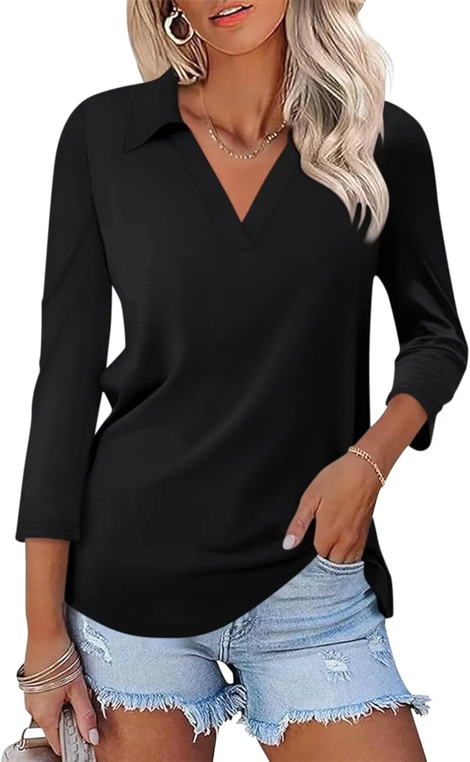 ORANDESIGNE Women's 3/4 Sleeves V Neck Polo Shirts Casual Summer Tops Basic Collar Cute Tees
