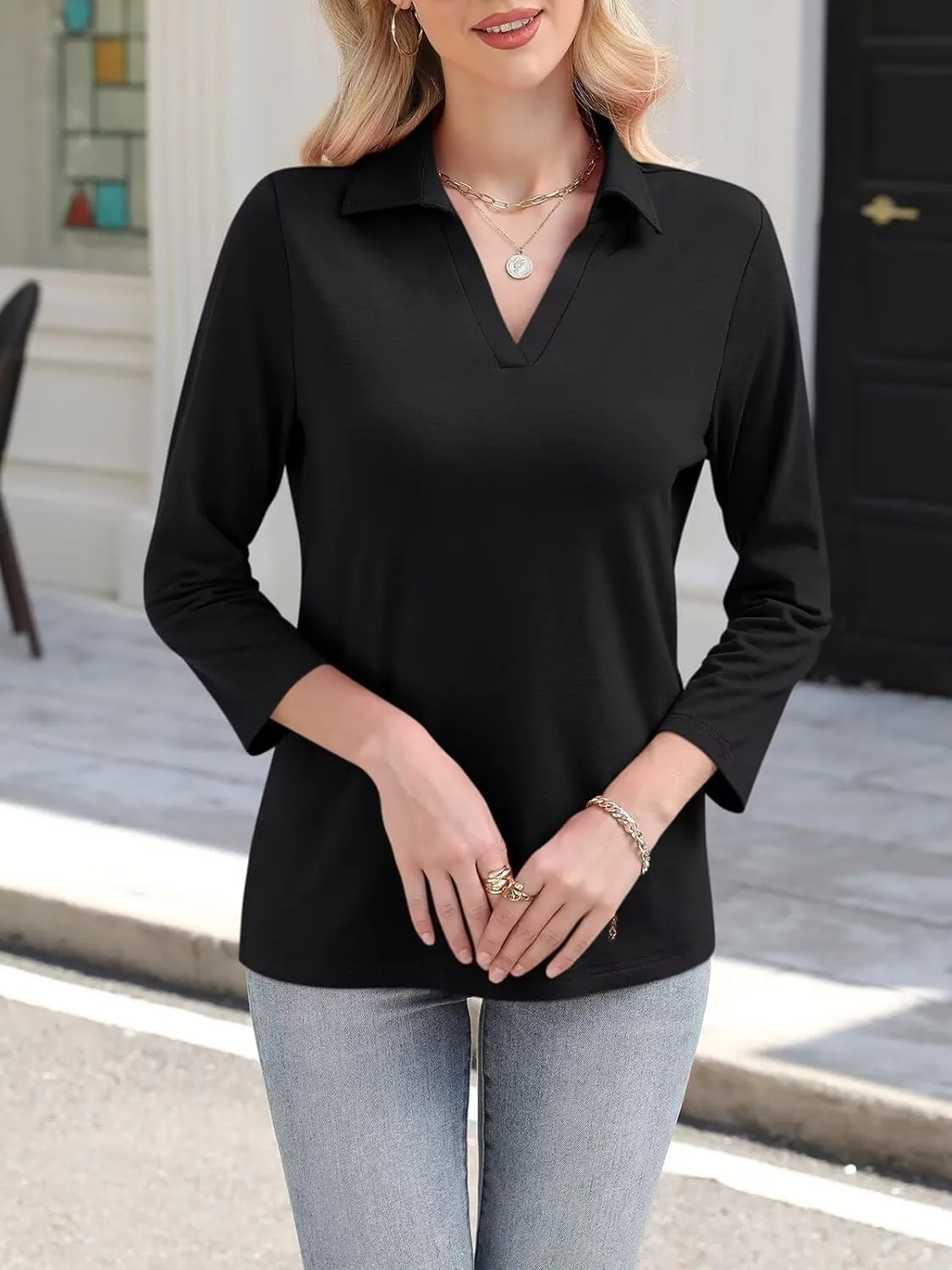 ORANDESIGNE Women's 3/4 Sleeves V Neck Polo Shirts Casual Summer Tops Basic Collar Cute Tees