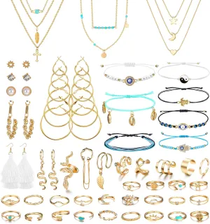 ORAZIO 52 Pcs Jewelry Set for Women: Layered Necklace, Braided Bracelets, Dangle Stud Hoop Earrings, CZ Stackable Knuckle Ring, Fashion Ear Cuff Set in Silver & Gold