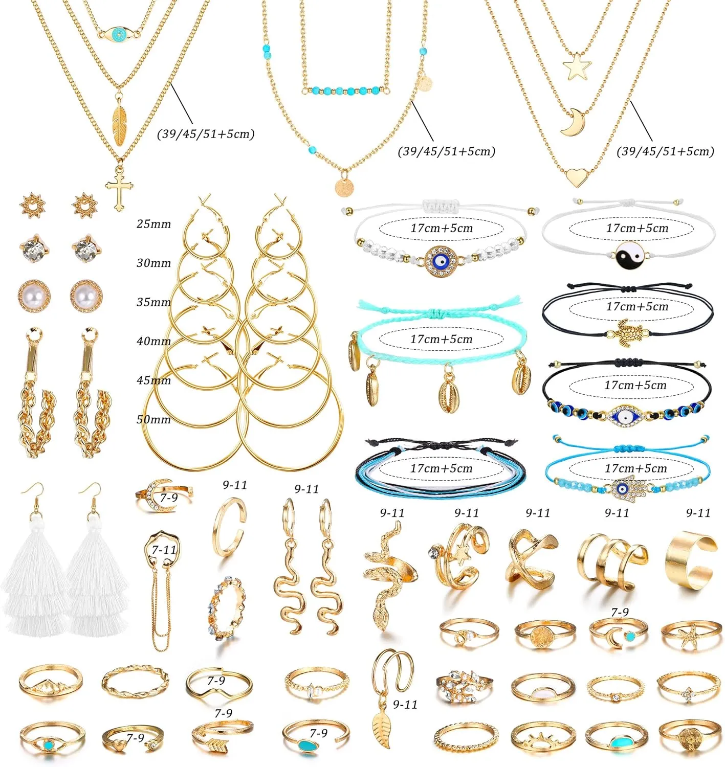 ORAZIO 52 Pcs Jewelry Set for Women: Layered Necklace, Braided Bracelets, Dangle Stud Hoop Earrings, CZ Stackable Knuckle Ring, Fashion Ear Cuff Set in Silver & Gold