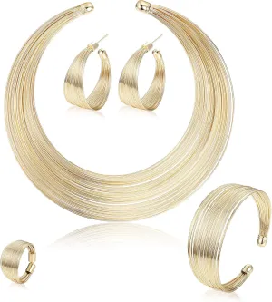 ORAZIO Bib Choker Statement Necklaces for Women Cuff Bracelet Open Hoop Stud Earrings Ring African Chunky Costume Jewelry Set