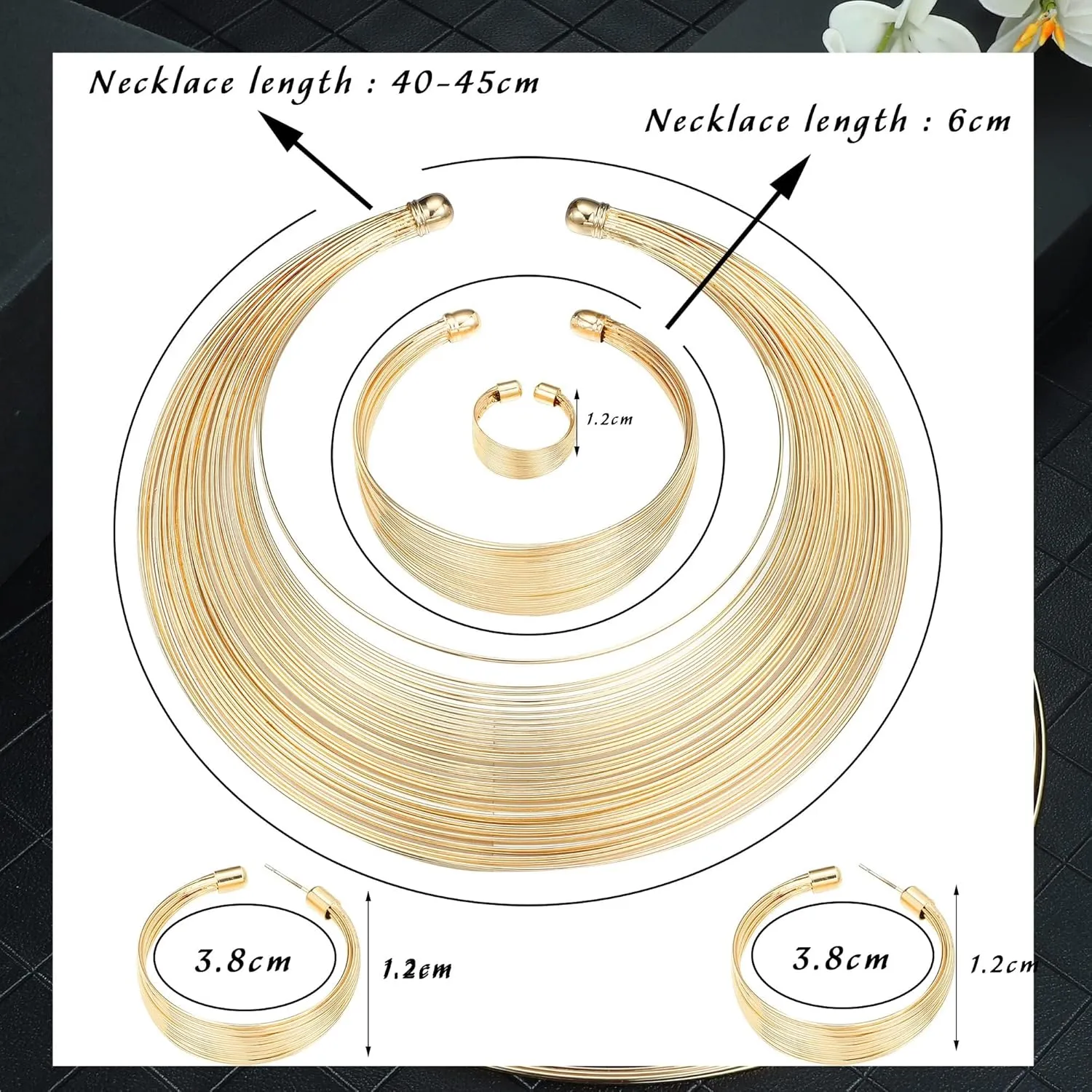 ORAZIO Bib Choker Statement Necklaces for Women Cuff Bracelet Open Hoop Stud Earrings Ring African Chunky Costume Jewelry Set