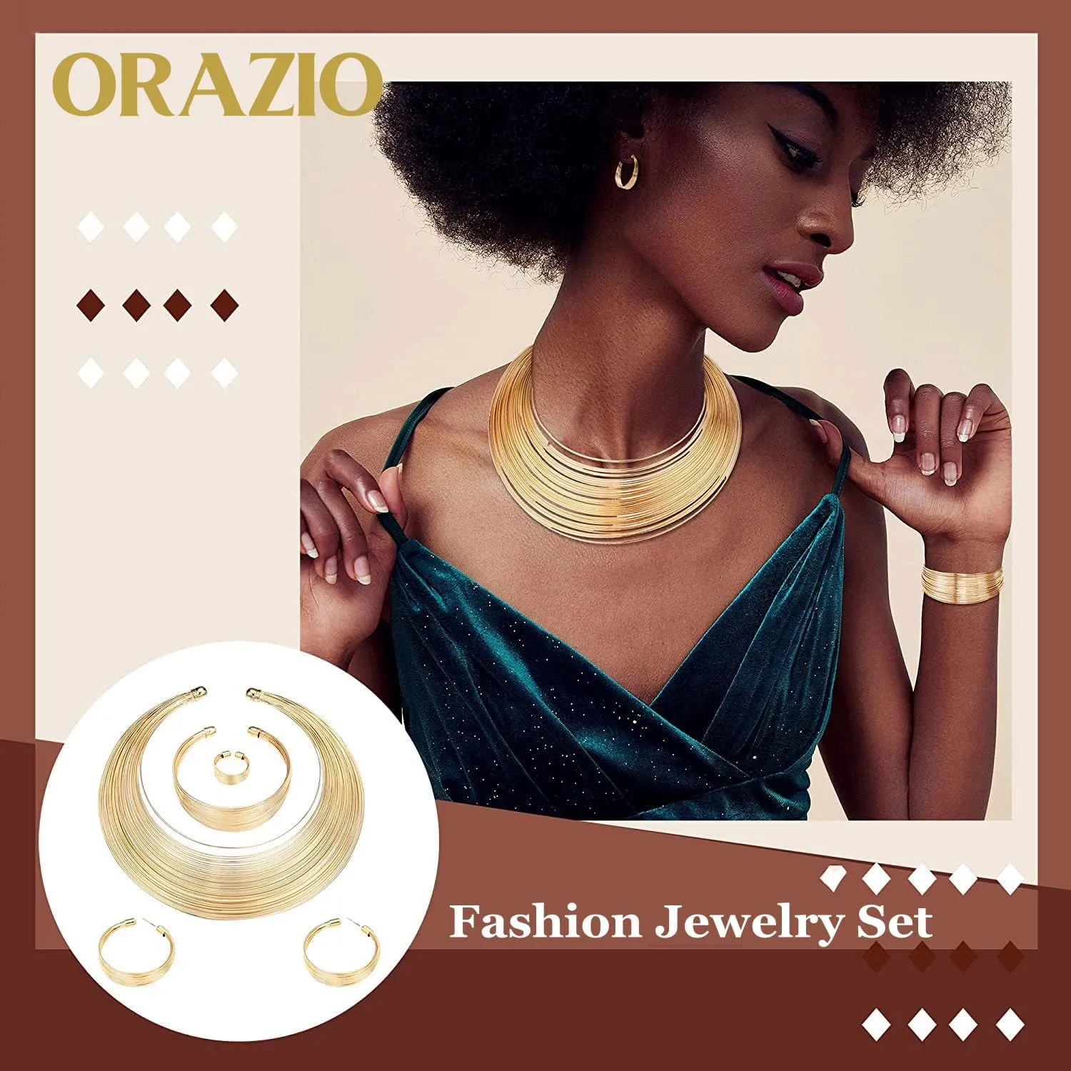 ORAZIO Bib Choker Statement Necklaces for Women Cuff Bracelet Open Hoop Stud Earrings Ring African Chunky Costume Jewelry Set