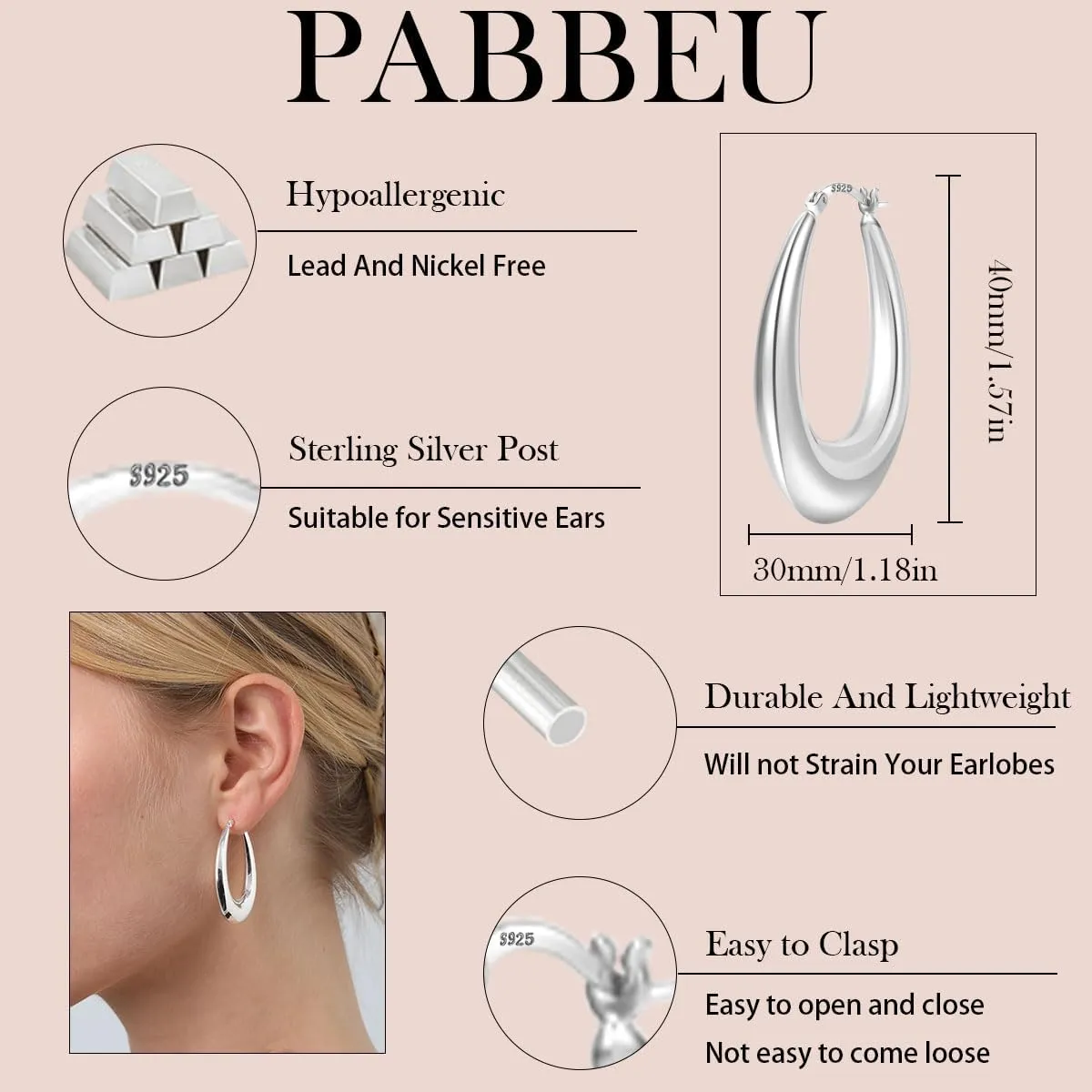 PABBEU Chunky Silver Hoops Earrings for Women, Hypoallergenic Lightweight 925 Sterling Silver Oval Hoop Earring, Sterling Silver Thick Hoop Earrings for Women 25/28/30/38/40mm