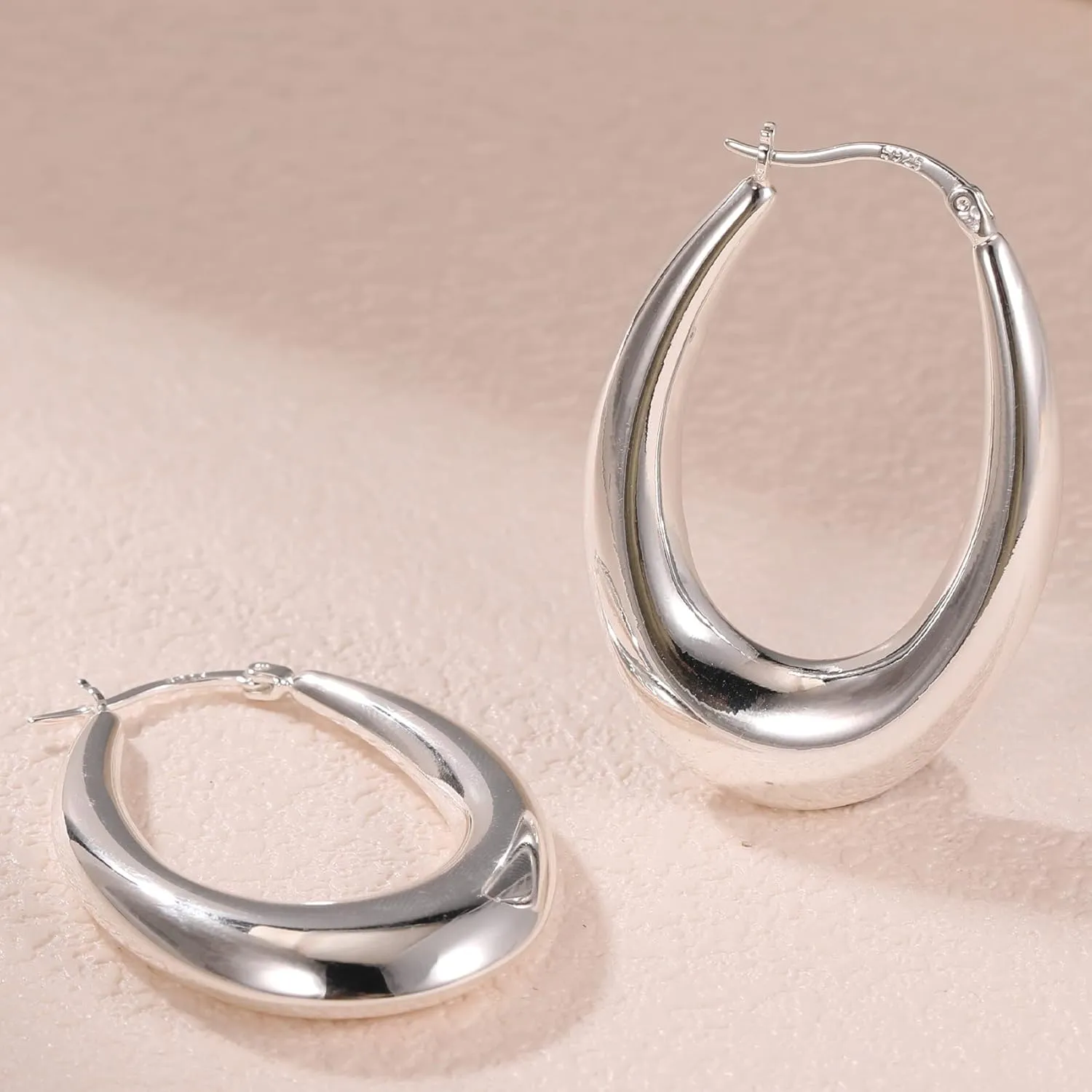 PABBEU Chunky Silver Hoops Earrings for Women, Hypoallergenic Lightweight 925 Sterling Silver Oval Hoop Earring, Sterling Silver Thick Hoop Earrings for Women 25/28/30/38/40mm