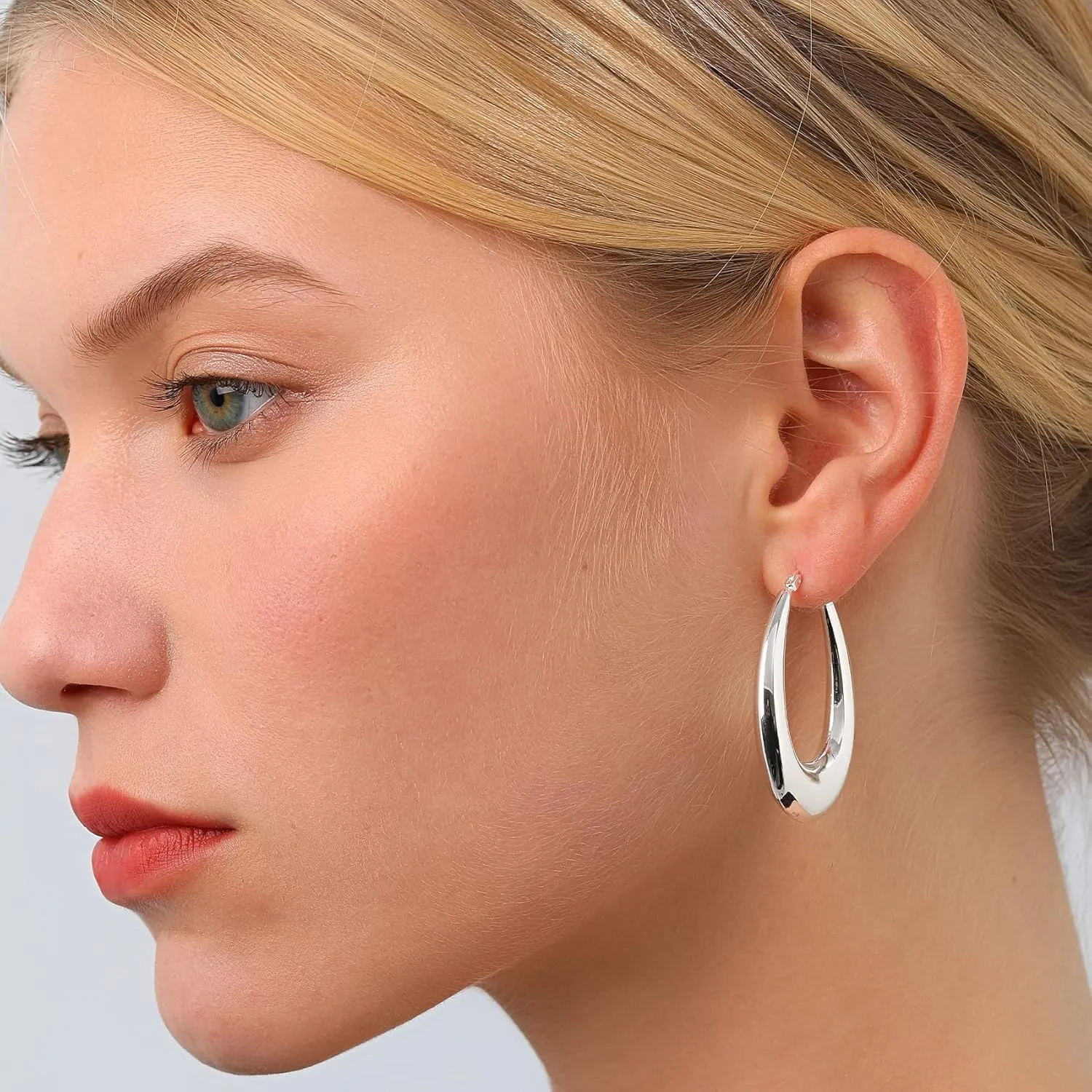 PABBEU Chunky Silver Hoops Earrings for Women, Hypoallergenic Lightweight 925 Sterling Silver Oval Hoop Earring, Sterling Silver Thick Hoop Earrings for Women 25/28/30/38/40mm