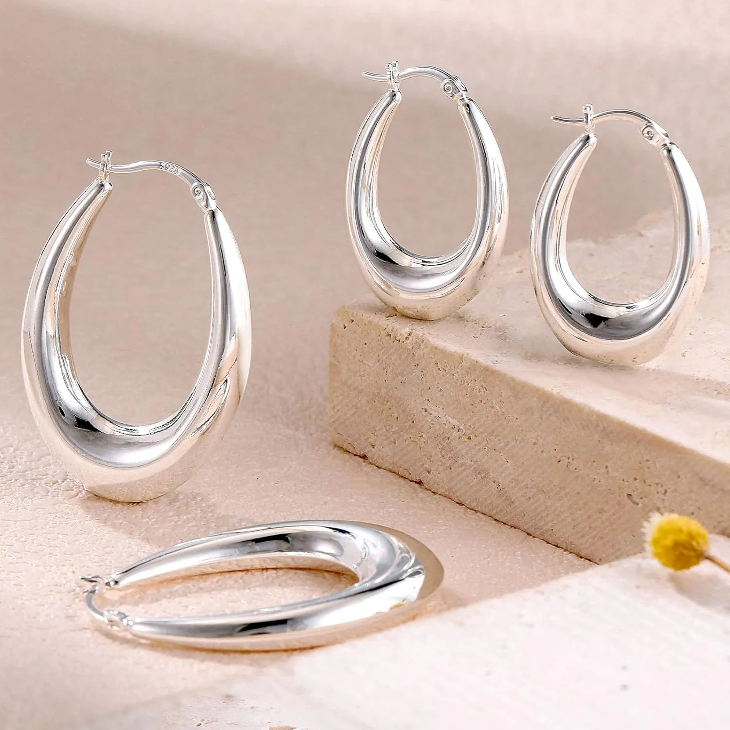 PABBEU Chunky Silver Hoops Earrings for Women, Hypoallergenic Lightweight 925 Sterling Silver Oval Hoop Earring, Sterling Silver Thick Hoop Earrings for Women 25/28/30/38/40mm