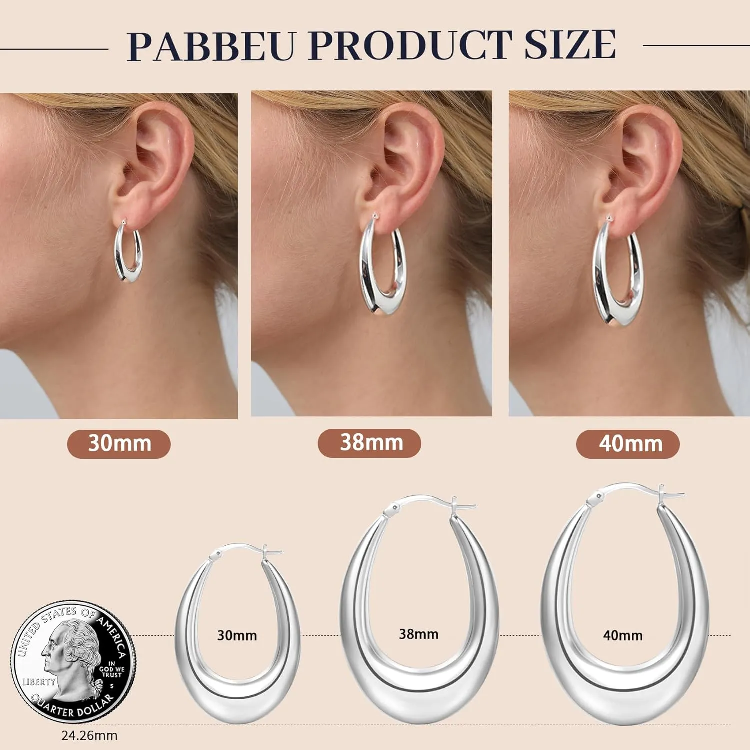 PABBEU Chunky Silver Hoops Earrings for Women, Hypoallergenic Lightweight 925 Sterling Silver Oval Hoop Earring, Sterling Silver Thick Hoop Earrings for Women 25/28/30/38/40mm