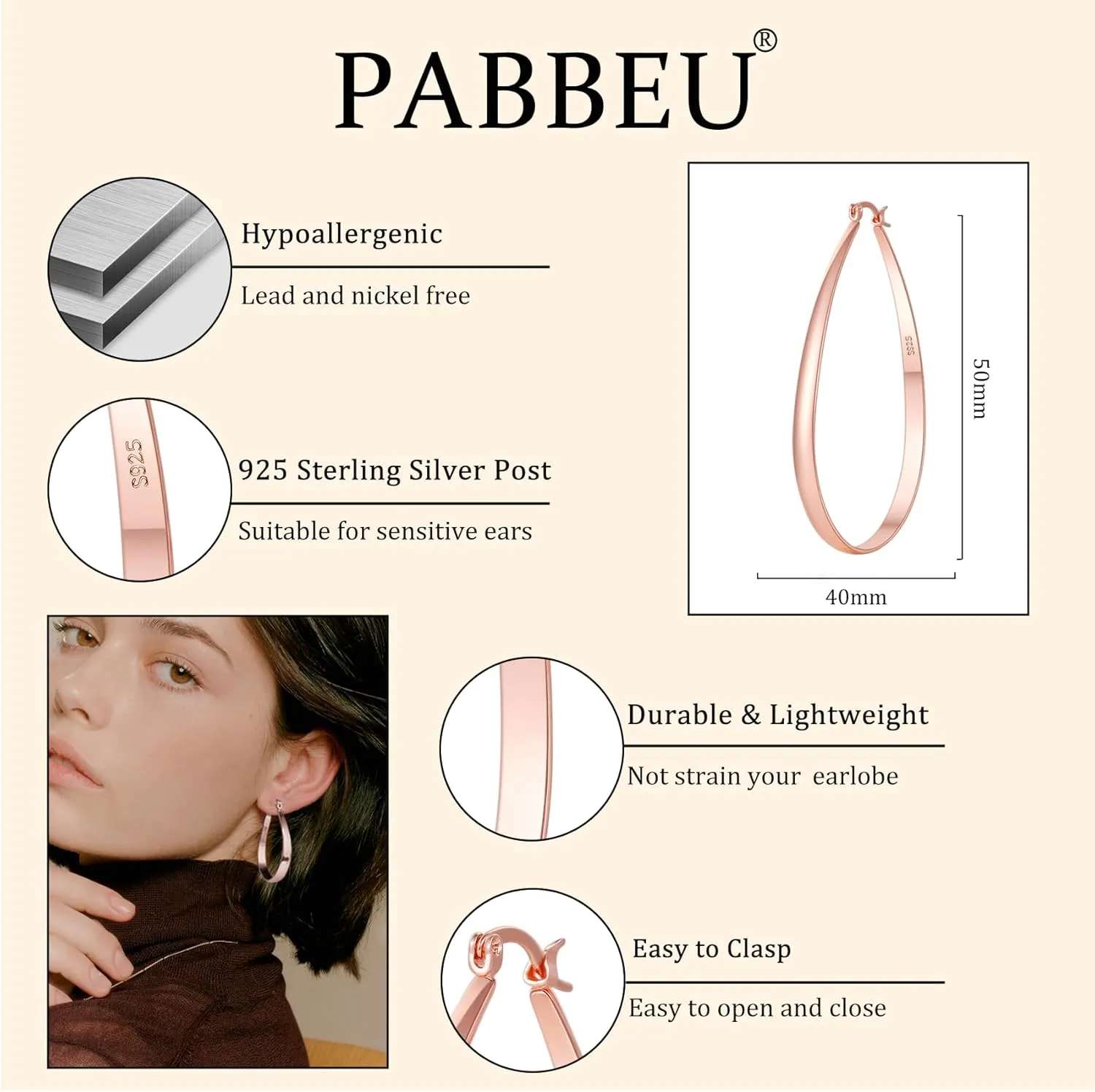 PABBEU Sterling Silver Hoop Earrings for Women Thick Large Hoops Earrings Lightweight Hypoallergenic Oval Silver Hoop Earring for Women Gifts 30/40/50/60MM