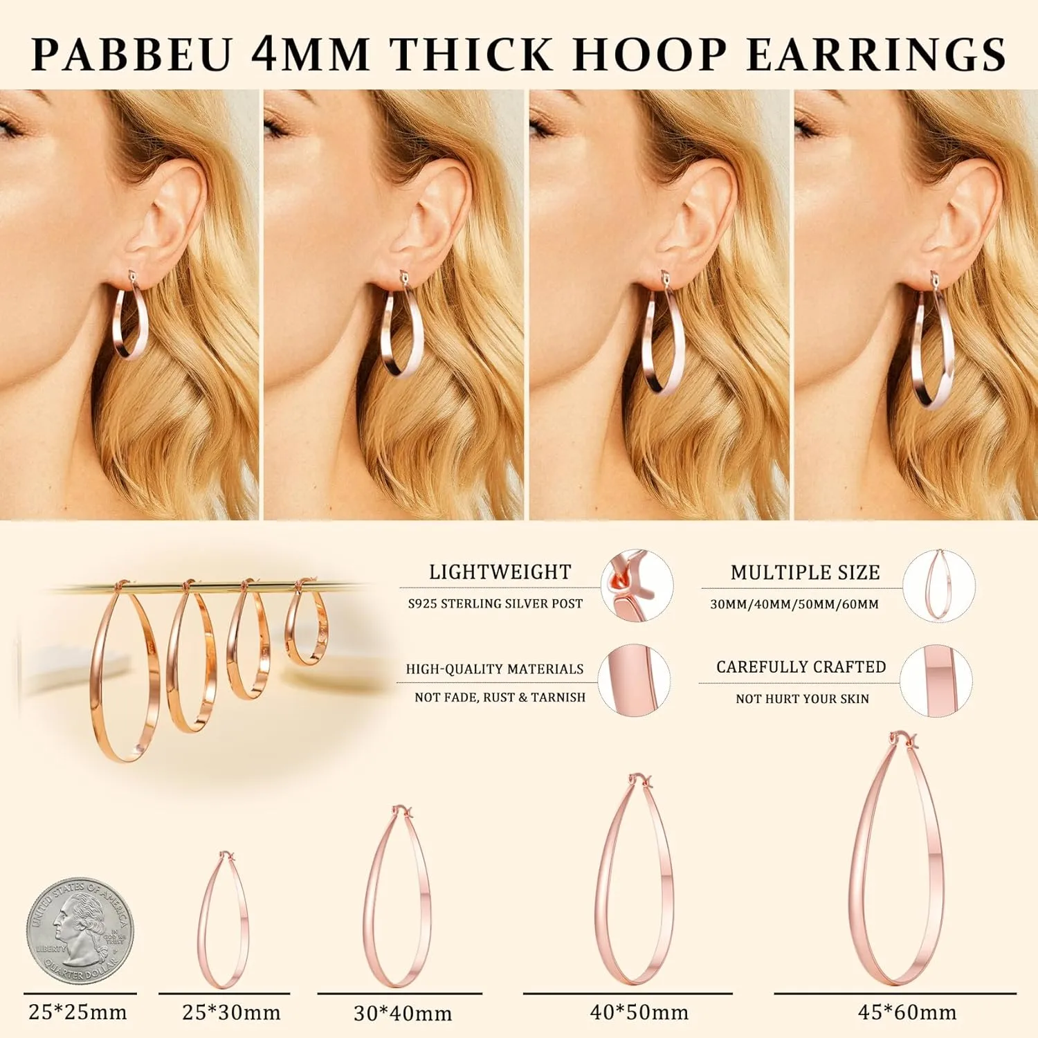 PABBEU Sterling Silver Hoop Earrings for Women Thick Large Hoops Earrings Lightweight Hypoallergenic Oval Silver Hoop Earring for Women Gifts 30/40/50/60MM