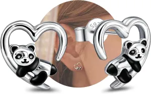 Panda Earrings for Girls - Sterling Silver Heart Panda Stud Earrings for Teens Hypoallergenic Lightweight Cute Animal Earrings for Women for Sensitive Ears for Daughter Granddaughter Niece Panda Lover