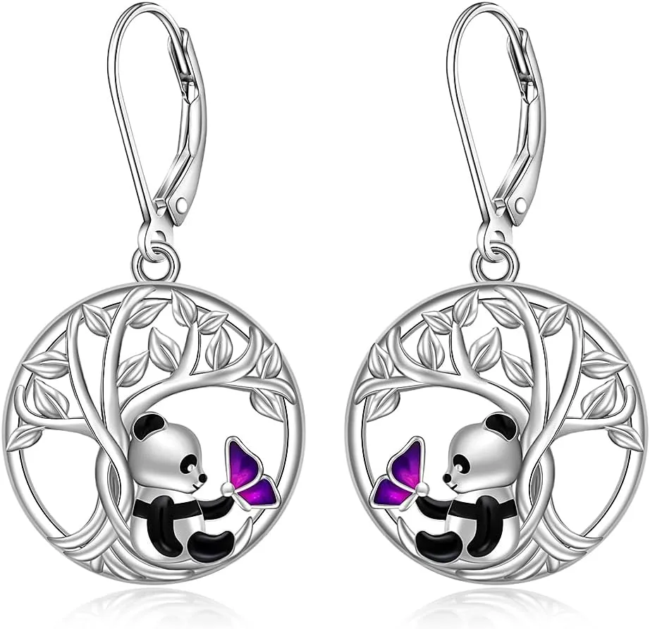 Panda Earrings S925 Sterling Silver Panda Playing with Butterfly Dangle Earrings for Women Tree of Life Animal Jewelry