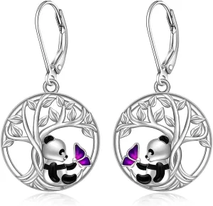Panda Earrings S925 Sterling Silver Panda Playing with Butterfly Dangle Earrings for Women Tree of Life Animal Jewelry