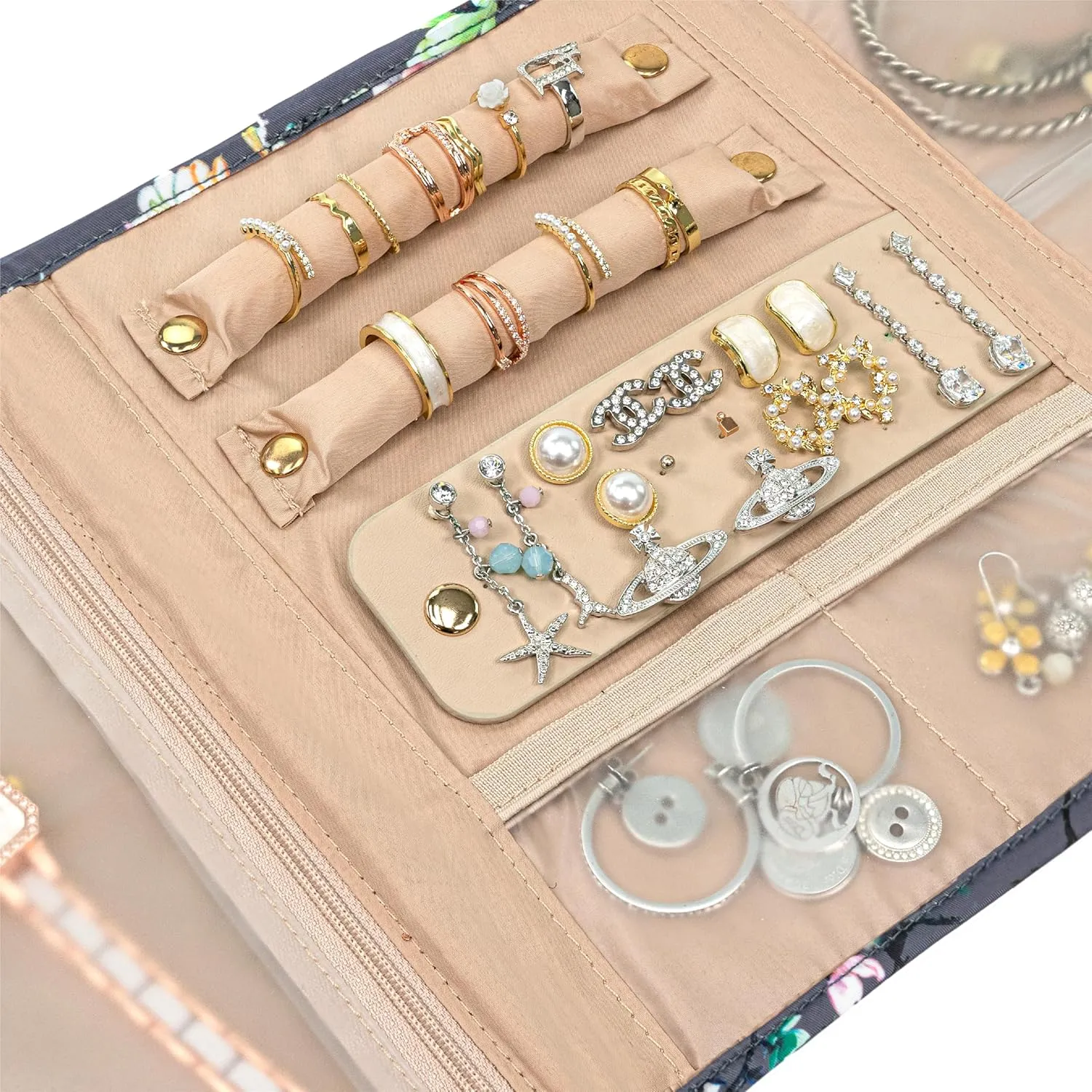 Pavilia Foldable Jewelry Organizer - Travel Roll Bag with Compartments for Earrings, Rings, Necklaces, Bracelets - Packing Accessory