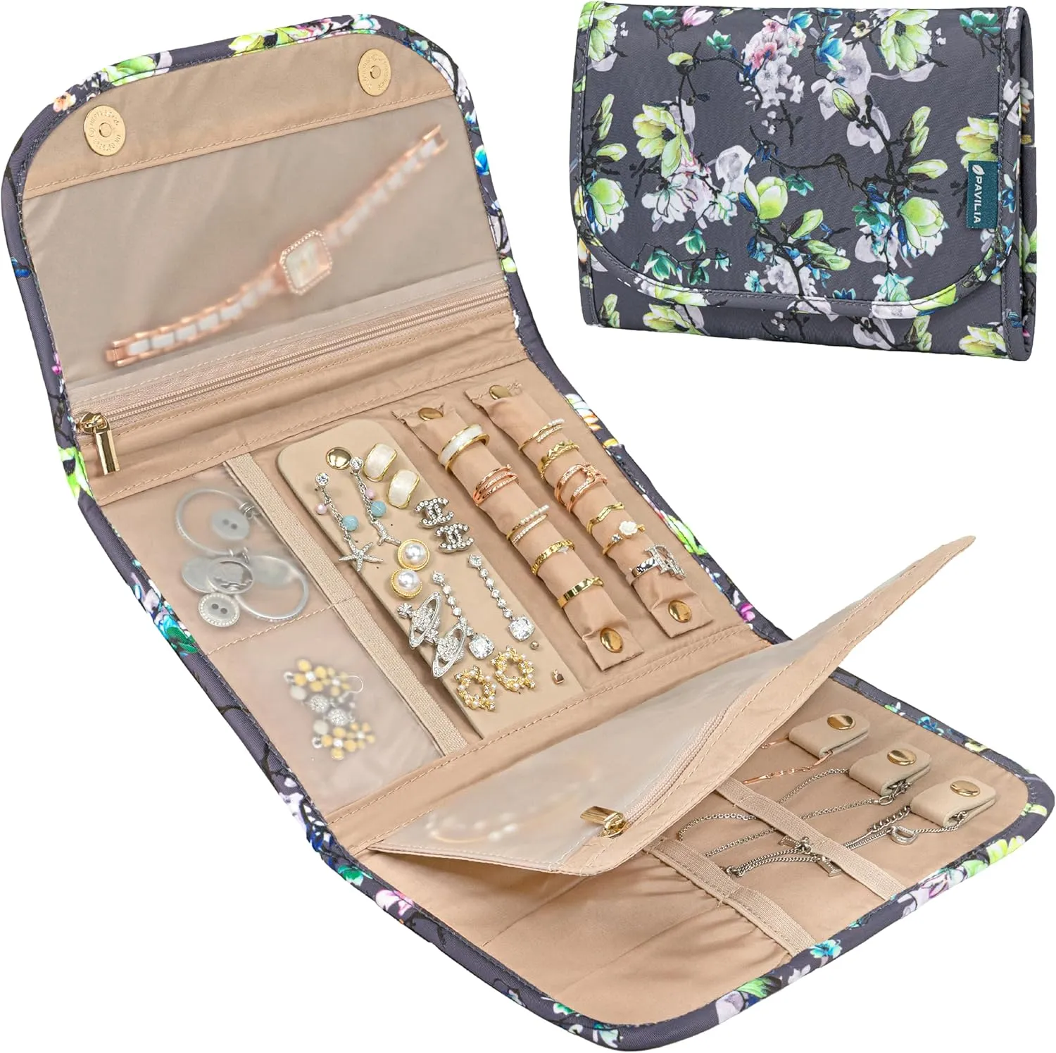 Pavilia Foldable Jewelry Organizer - Travel Roll Bag with Compartments for Earrings, Rings, Necklaces, Bracelets - Packing Accessory