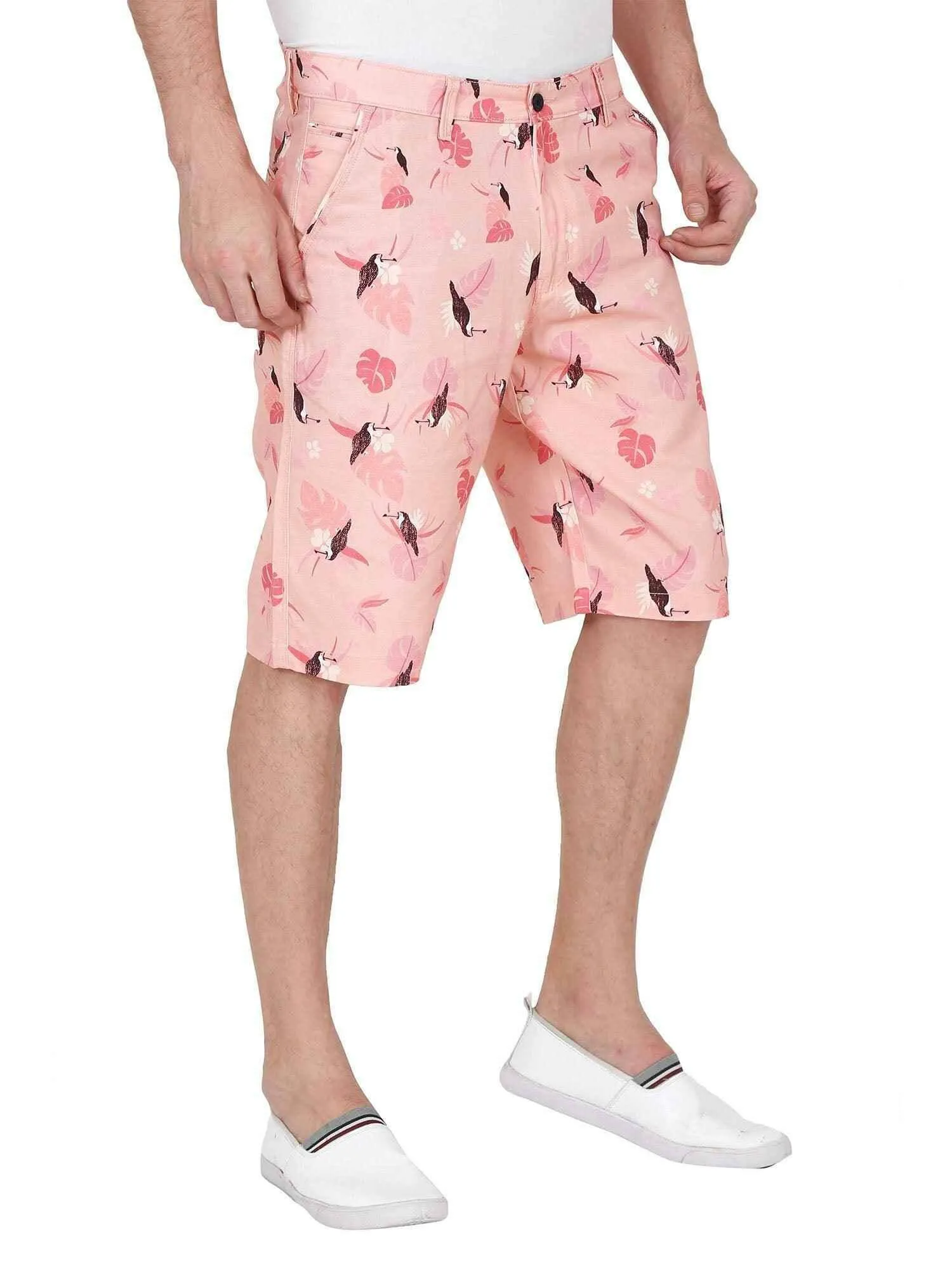 Peach Men Bird Printed Cotton Shorts