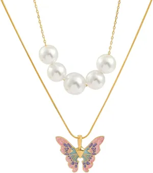 Pearl Butterfly Necklaces for Women - Dainty Enamel Fairy Butterfly Pendant Faux Pearl Collar Choker Necklace Set