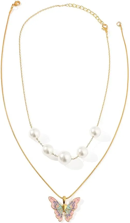 Pearl Butterfly Necklaces for Women - Dainty Enamel Fairy Butterfly Pendant Faux Pearl Collar Choker Necklace Set
