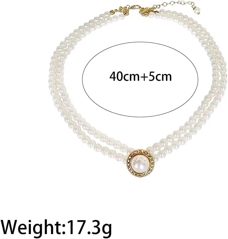 Pearl Choker Necklace for Women,Vintage Gold Large Pearl CZ Pendant Layered Necklace Boho Beaded Necklaces,Trendy Wedding Party Jewelry Accessories