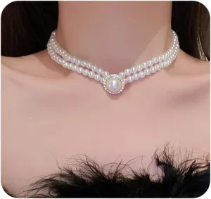 Pearl Choker Necklace for Women,Vintage Gold Large Pearl CZ Pendant Layered Necklace Boho Beaded Necklaces,Trendy Wedding Party Jewelry Accessories