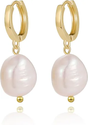Pearl Earrings for Women 14K Gold Plated Drop Dangling Hoop Earrings for Bridal, Bridesmaids, Wedding, Valentine's Day Gifts