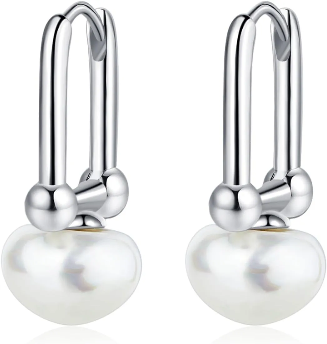 Pearl Earrings for Women 925 Sterling Silver Pearl Drop Hoop Earrings Hypoallergenic Dangle Earrings Birthday Gifts