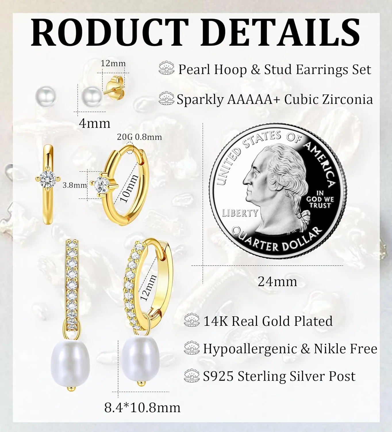 Pearl Earrings for Women, Staligue 14k Gold Plated Pearl Drop Hoop Earrings 3 Pairs Dangle Earring Stacks for Women Trendy Hypoallergenic Sterling Silver Stud Earring Dainty Gold Wedding Jewelry